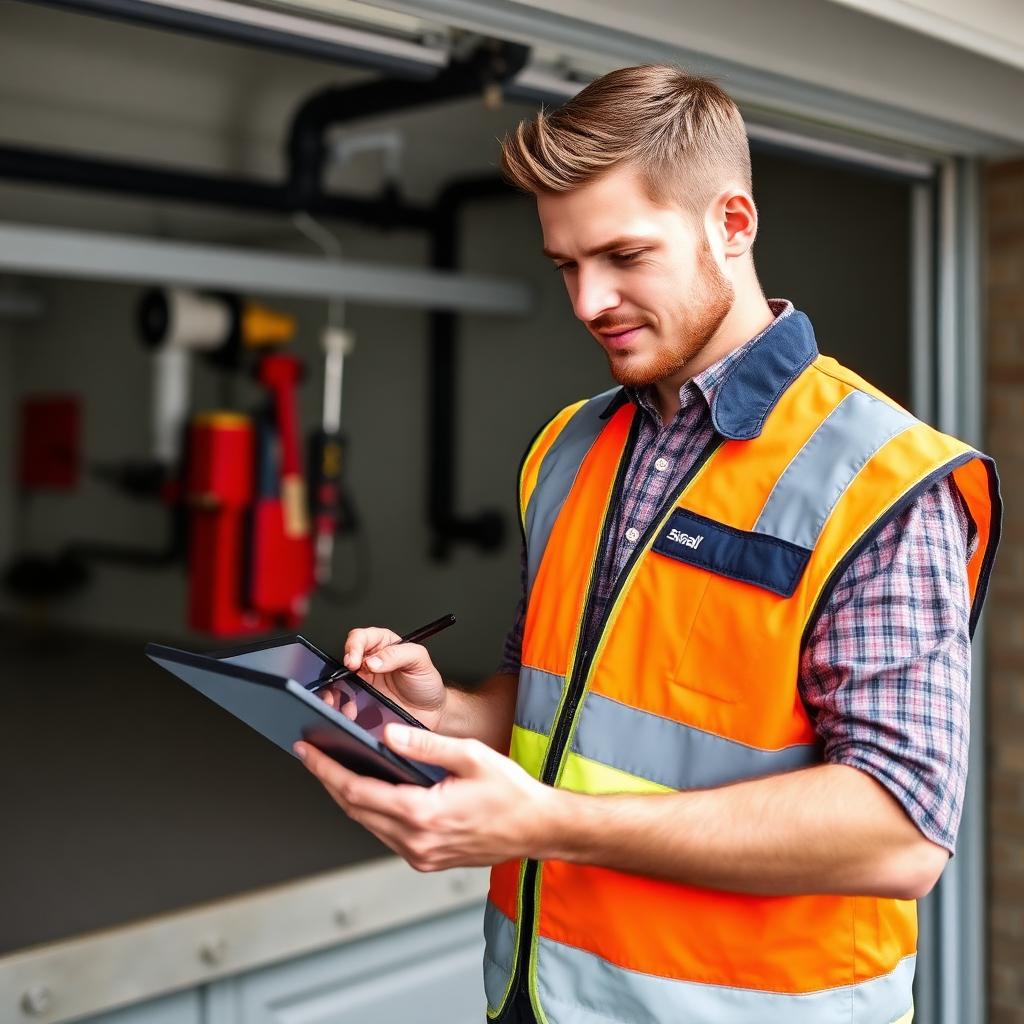 Olga Garage Doors professional technician with tablet doing digital garage door inspection