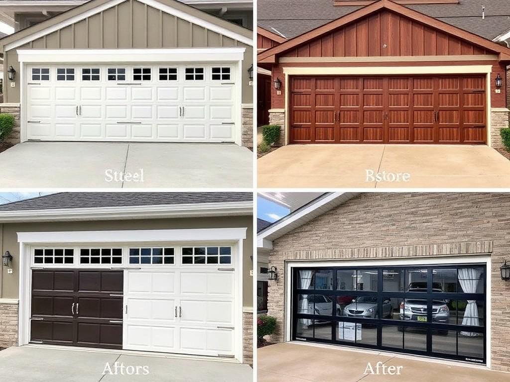Different styles and brands of residential garage doors displayed side by side