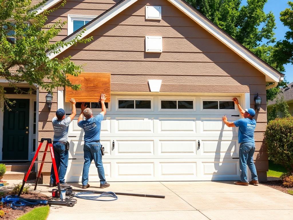 Professional garage door installation crew working on new residential garage door