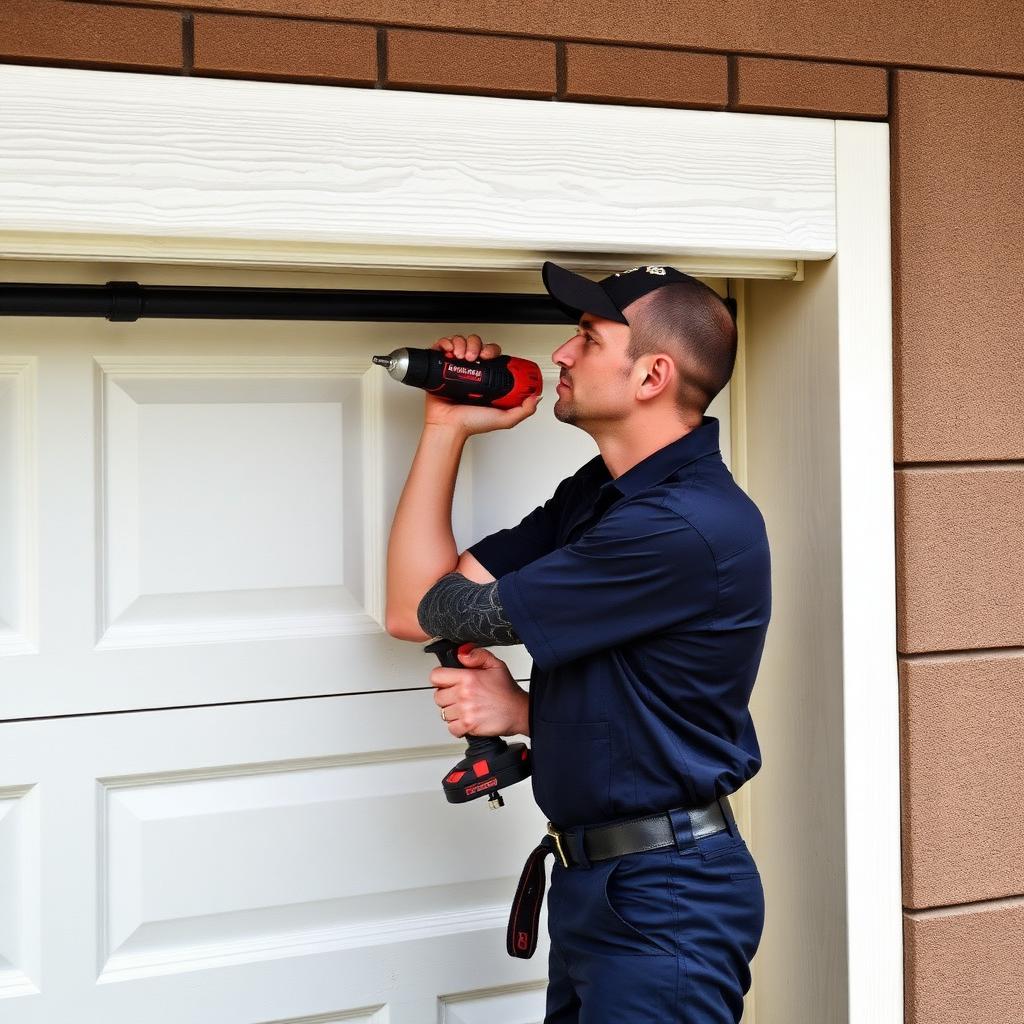 Professional garage door technician performing expert installation service on residential home